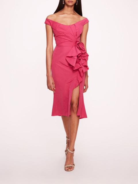Marchesa TAFFETA TRUMPET MIDI DRESS