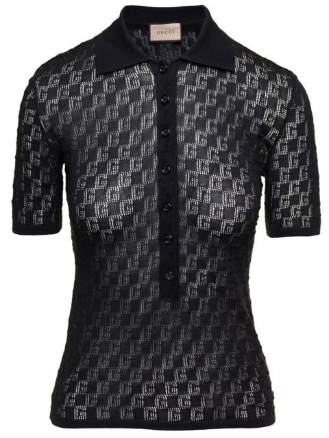 GUCCI Gucci Women Black Polo Shirt With Button Closure And Gg Motif In Cotton And Silk Blend Woman