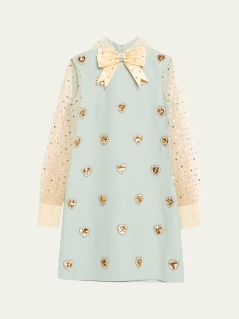 Valentino Bow Crystal Heart Sheer Sleeve Wool Mini Dress