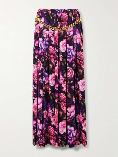 Chain-embellished pleated floral-print crepe maxi skirt