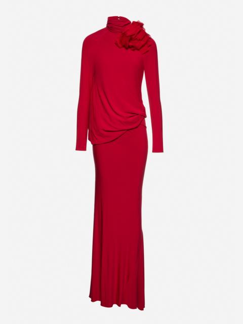 MAGDA BUTRYM Long open-back dress with high neck and floral detail in red