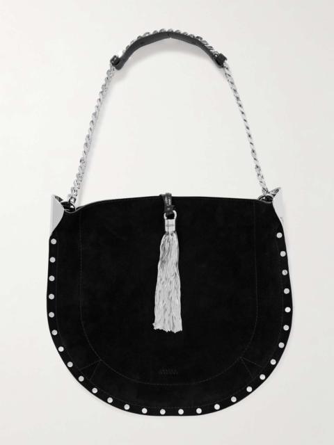 Oskan leather-trimmed tasseled studded suede shoulder bag Black