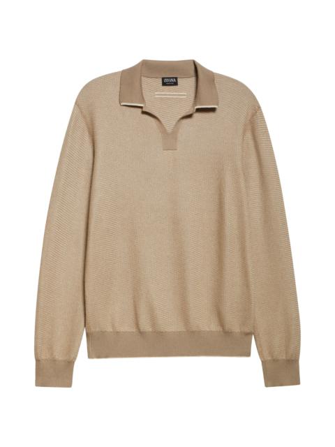 ZEGNA ZEGNA Long Sleeve Silk & Cashmere Polo Sweater in Med Beige Fan at Nordstrom