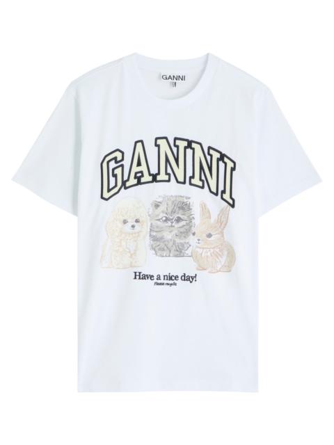 GANNI Ganni Animals Logo-embroidered Cotton T-shirt