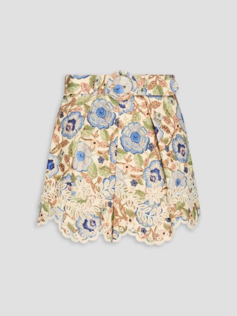 Zimmermann Belted floral-print broderie anglaise linen shorts
