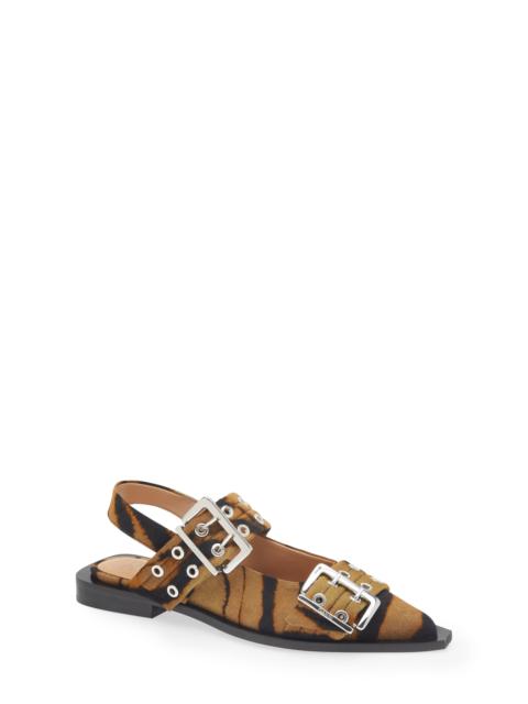 GANNI Ganni Zebra Pointed Toe Mary Jane Slingback Flat in Khaki at Nordstrom