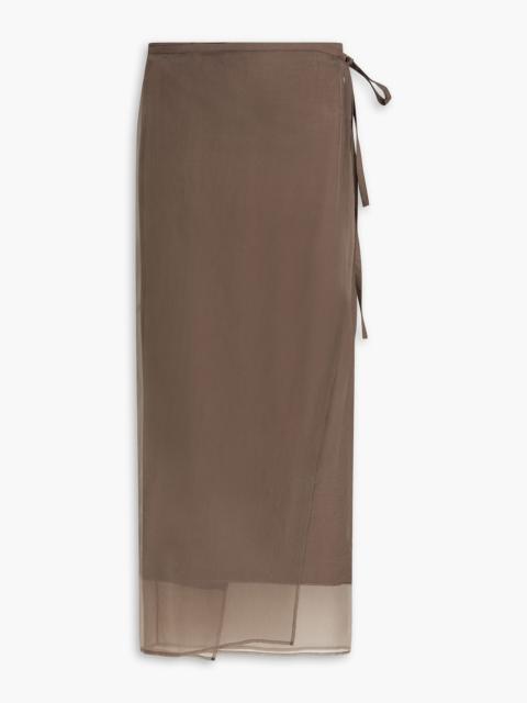 Brunello Cucinelli Organza-paneled cotton-blend twill midi wrap skirt