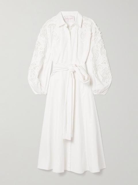 CAROLINA HERRERA Belted Guipure Lace-trimmed Cotton-twill Midi Dress