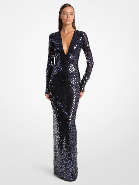 MICHAEL KORS COLLECTION Mirror Embroidered Stretch Tulle V-Neck Gown