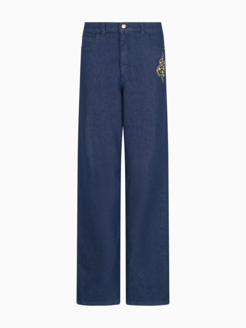 EMPORIO ARMANI J4B MEDIUM-HIGH WAIST AND STRAIGHT-LEG DENIM JEANS WITH EMBROIDERY