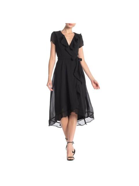 Other Designers Gabby Skye Black Dress Cap Sleeve Tie Waist Faux Wrap Above Knee SZ 10 NWT