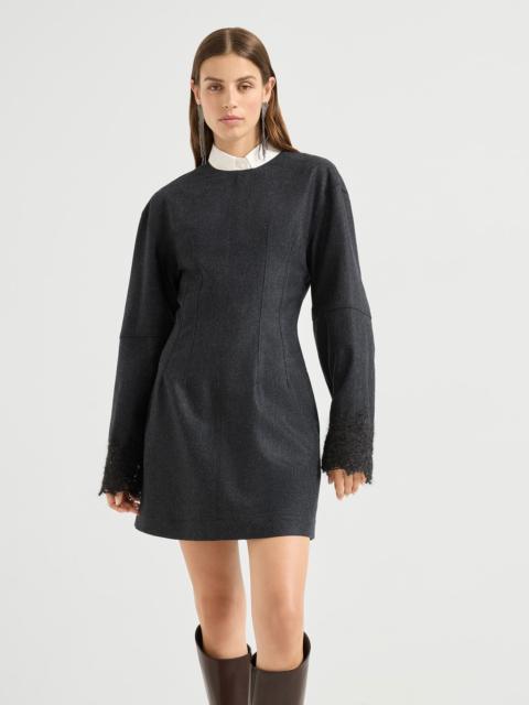 Brunello Cucinelli Virgin wool flannel mini dress with wispy lace cuffs