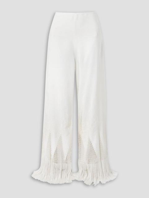 Stella McCartney Fringed macramé-trimmed embroidered satin wide-leg pants