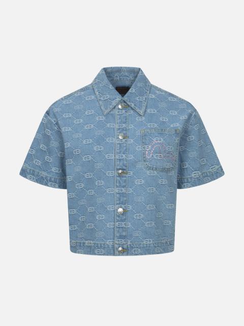 EVISU ALLOVER LOGO JACQUARD AND RHINESTONE SEAGULL FASHION FIT DENIM SHIRT