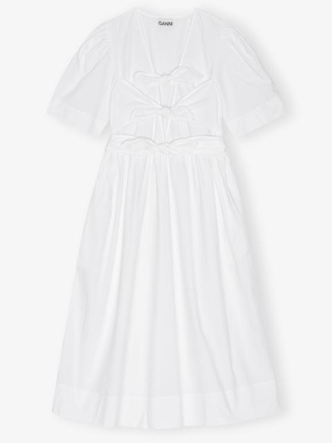 GANNI WHITE STRETCH COTTON TIE STRAP MIDI DRESS