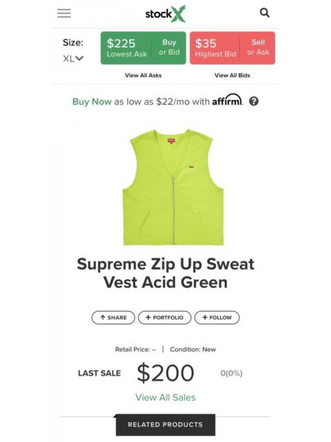 Supreme Zip Up Sweat Vest : Acid Green - size XL