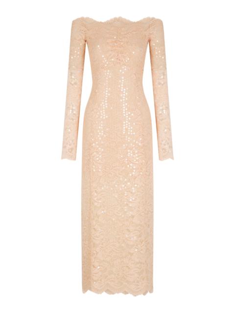 rabanne Scalloped Stretch-Lace Sequined Maxi Dress pink