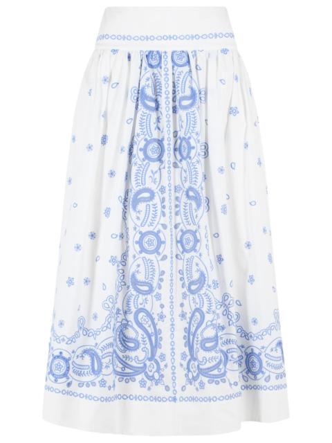 self-portrait Self Portrait Embroidered Midi Skirt In White And Blue Cotton