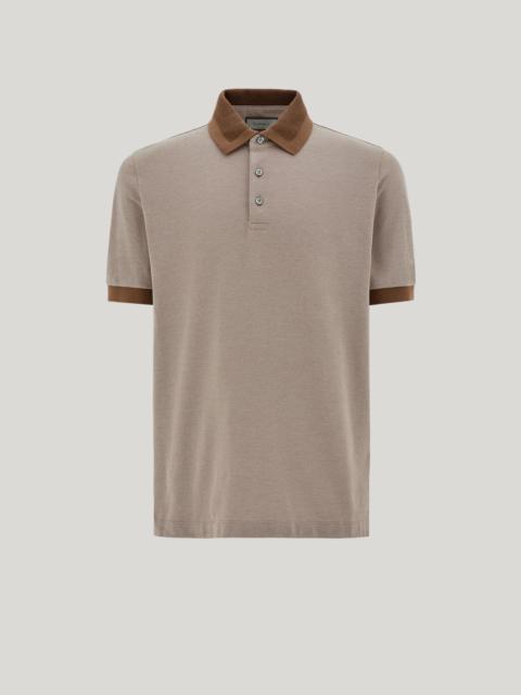 Canali HAZELNUT AND SAND PURE COTTON POLO SHIRT WITH SAIL COLLAR