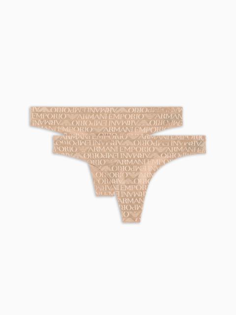 EMPORIO ARMANI TWO-PACK OF ASV RECYCLED-MESH THONGS WITH ALL-OVER LOGO LETTERING