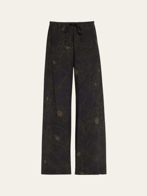 Floral-Print Pleated Straight-Leg Silk Pants