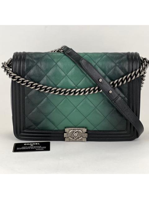 CHANEL Bag Dark Green Ombre Quilted Glazed Leather Large Boy Authentic preowned