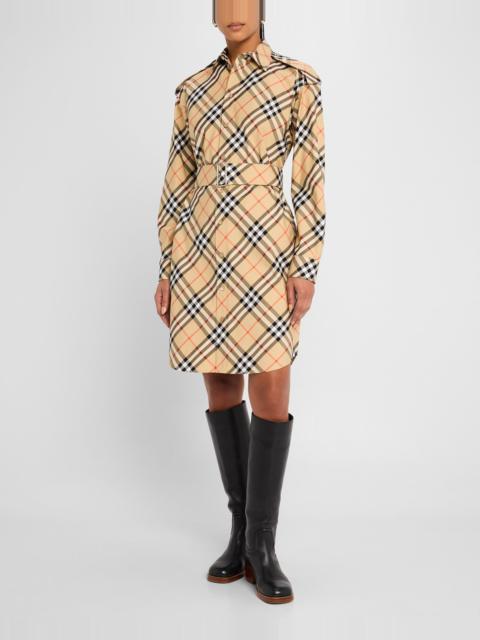 Check Belted Long-Sleeve Shirtdress