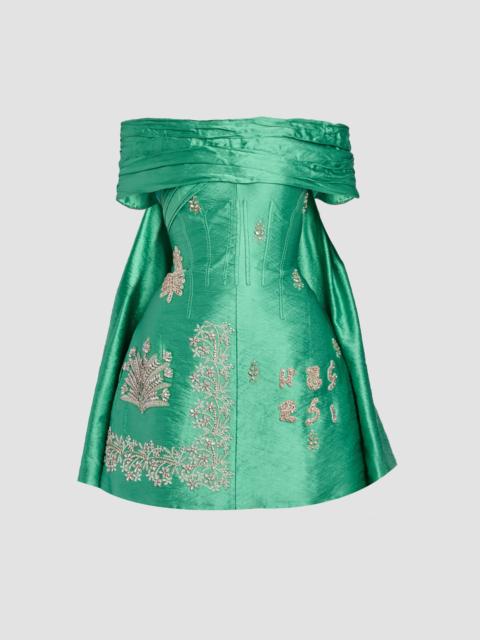 Erdem EMBELLISHED TEXTURED SATIN OFF SHOULDER MINI DRESS