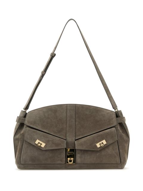 FERRAGAMO Grey suede shoulder bag