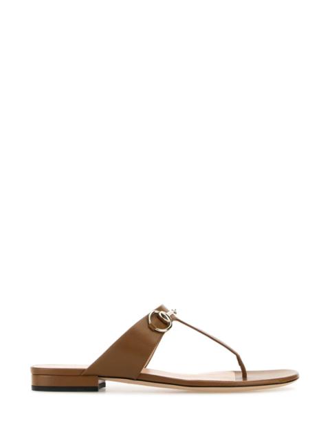 Gucci Women Camel Leather Thong Slippers