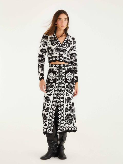 FARM RIO Black & White Floral Arabesque Knit Skirt