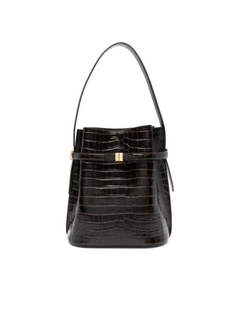 belted crocodile-embossed bucket bag