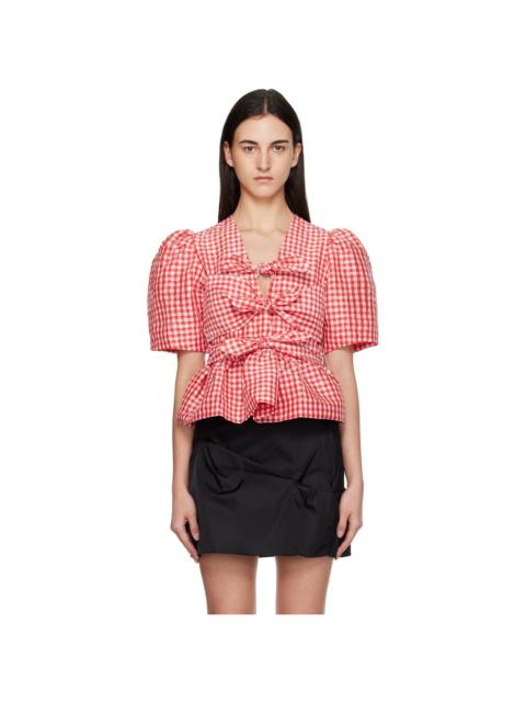 GANNI Red Crinkled Check Taffeta Blouse