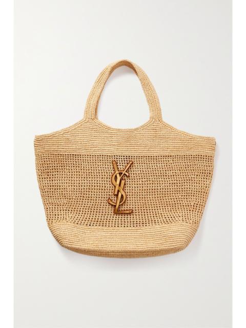 SAINT LAURENT Icare maxi embellished leather-trimmed raffia tote Beige