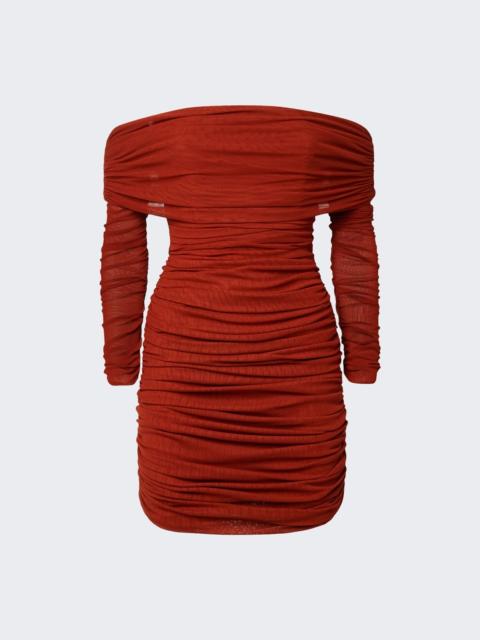 SAINT LAURENT Off The Shoulder Tulle Dress Rouge Fonce