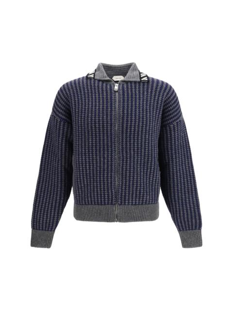 VERSACE Versace Intarsia Wool Knit Zip Cardigan Grey Navy