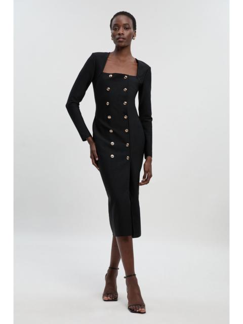 KAREN MILLEN Figure Form Woven Mix Military Button Blazer Knit Midi Dress
