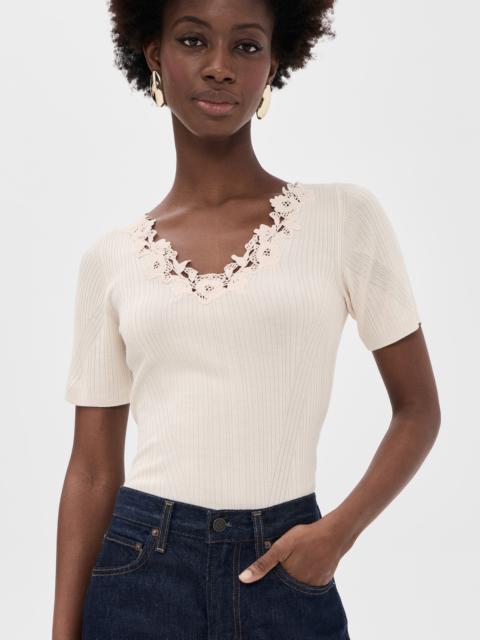 ULLA JOHNSON Celeste Short Sleeve Knit Top with Lace