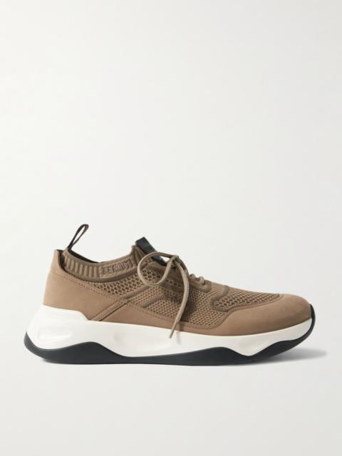 Berluti Shadow Nubuck-Trimmed Stretch-Knit Sneakers Brown