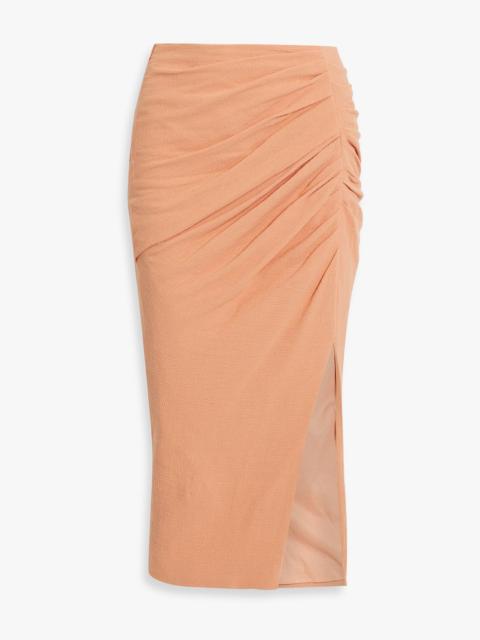 SIMKHAI Hayden ruched cotton-blend midi skirt