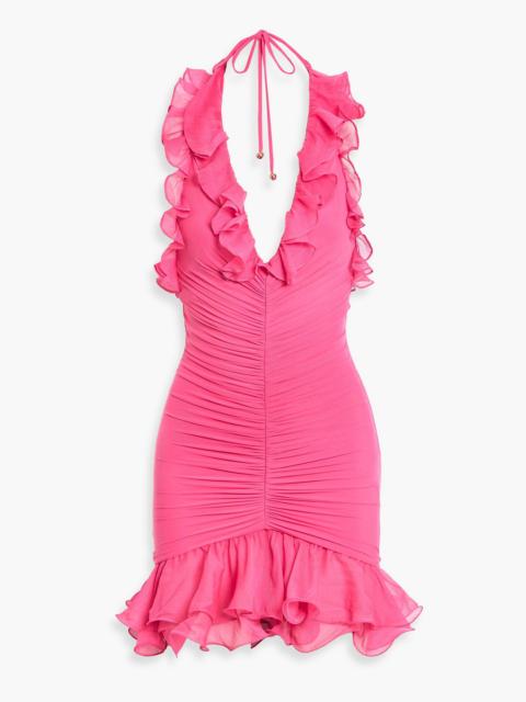 PatBO Ruffled stretch-mesh halterneck mini dress