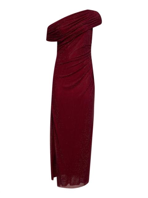 self-portrait Burgundy rhinestone jersey one-shoulder midi dress