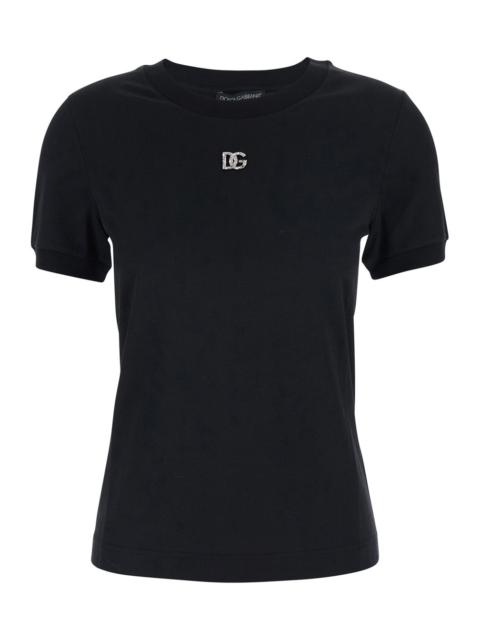 Dolce & Gabbana Dolce & Gabbana Women Black T-Shirt With Logo Decorated With Crystals On The Front In Cotton Woman