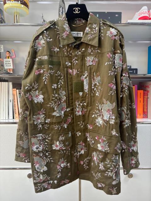 SAINT LAURENT Saint Laurent military green sequin embroidered and beaded work jacket