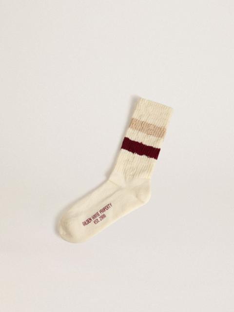 Golden Goose Worn-white socks with distressed details and beige and burgundy stripes