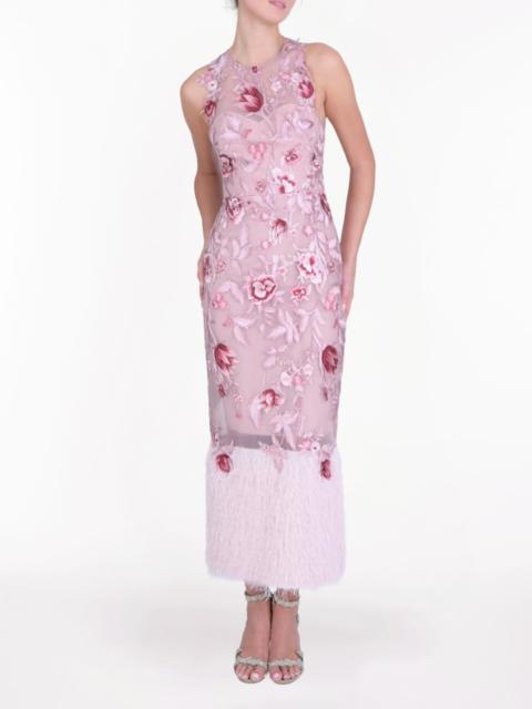 Marchesa EMBROIDERED FRINGE MIDI DRESS