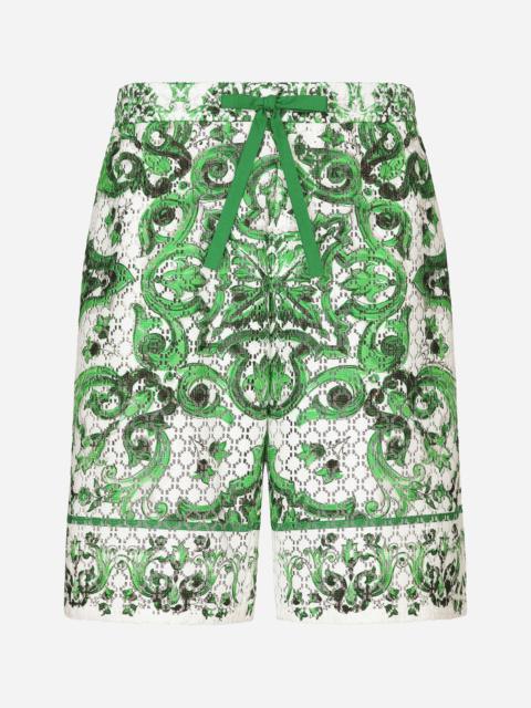 Dolce & Gabbana Crochet lace jogging shorts with majolica print