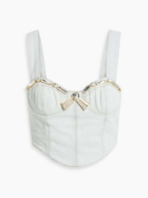 AREA Cropped crystal-embellished denim bustier top