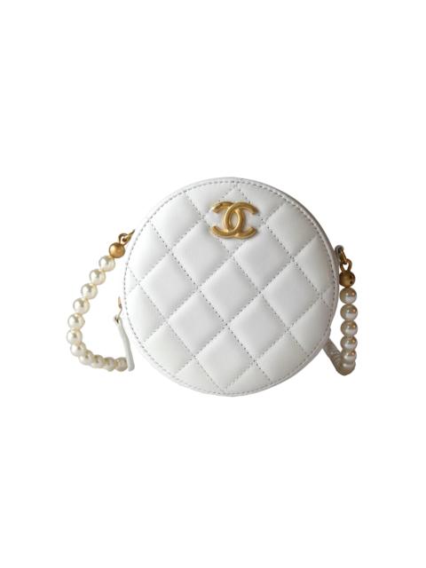 CHANEL Chanel Calfskin Quilted Pearl Round Clutch With Chain White