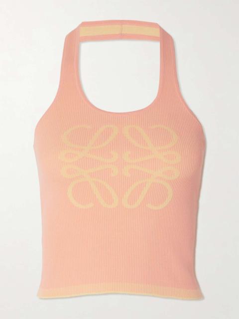 + Paula's Ibiza cropped jacquard-woven ribbed stretch-jersey halterneck top Pastel pink